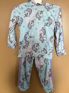 Girls Unicorn Hooded Pajama Set - Light Blue & Purple
